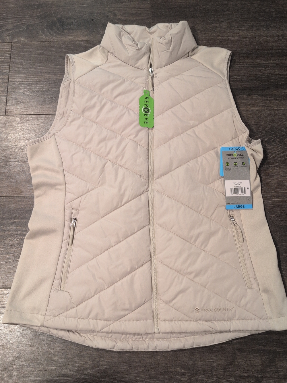 Free Country Women’s Puffer Vest XL Tan Quilted Full Zip Sleeveless Jacket NWT